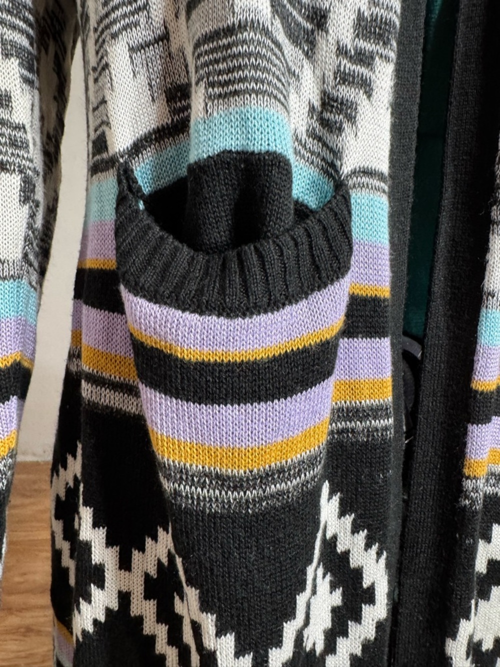 No Boundaries Patterned Open-Front Cardigan Sweater in Black, White & Pastel - Picture 6 of 11